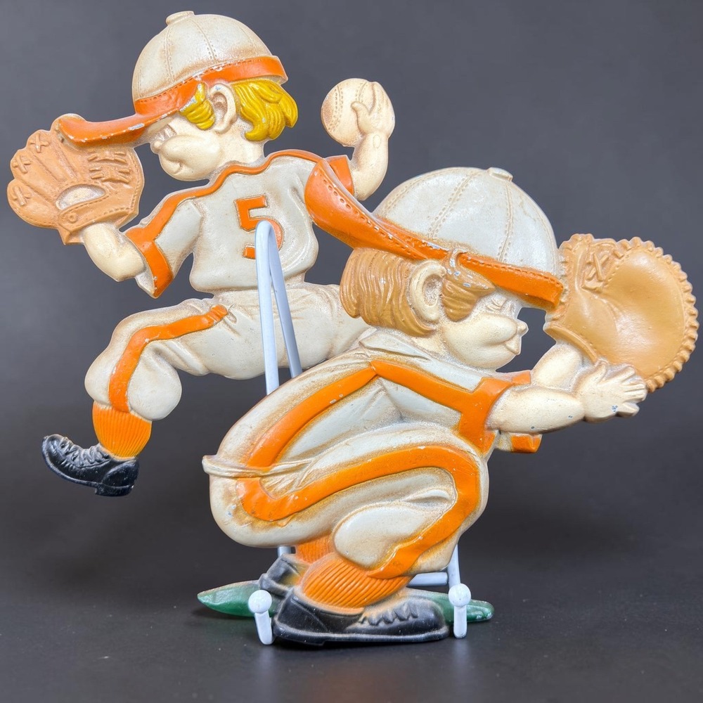 Vintage Sexton Metal Baseball‎ Wall Art Pitcher Catcher Orange Cream Set of 2